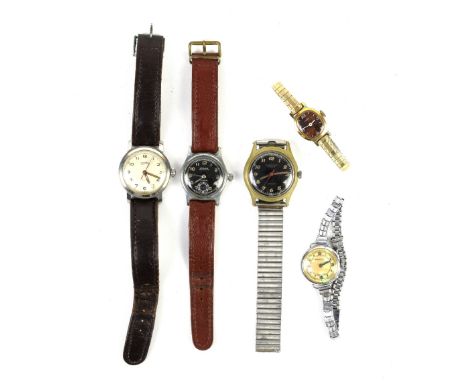 Five watches with mechanical movements, including Eberhard &amp; Co wristwatch, round dial with Arabic numerals and minute tr