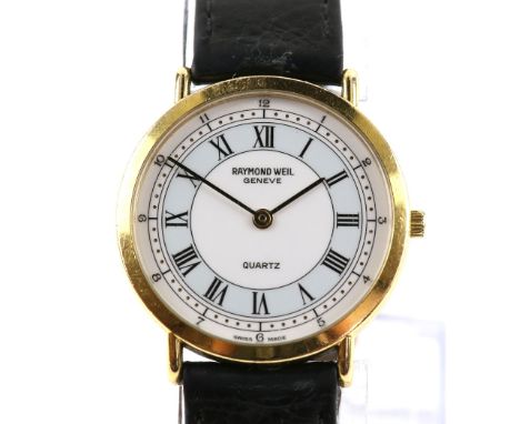 Raymond Weil watch, white dial with grey detailing, Roman numerals, and minute track, quartz movement, electroplated case, 55