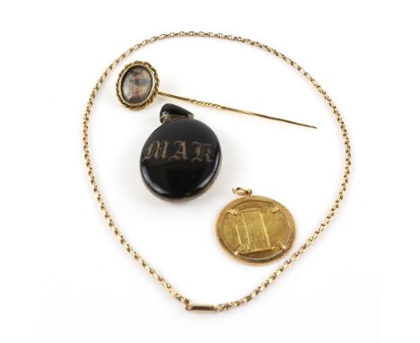 Victorian stick pin, central oval fox painting, set within a wirework border, 2.1 x 1.8cm pin and mount testing as 15 ct, tog