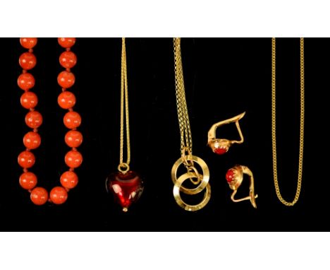 Mixed group of items, a pair of coral set earrings, with hinge and post fitting, flat curb chain, 60cm in length, both mounte