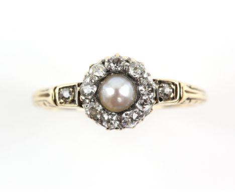 Victorian dress ring, central grey pearl, 4mm in diameter, surrounded by old cut diamonds, mount stamped 18 ct gold, ring siz