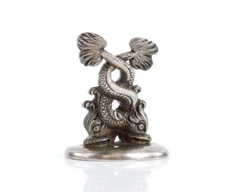 Antique silver seal fob, handle in the form of two interlinking dolphins, with family crest seal engraving, in original fitte