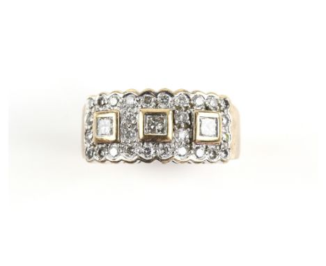 Three stone diamond set cluster ring, set with princess cut and round brilliant cut diamonds, estimated total diamond weight,