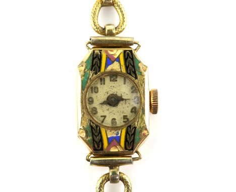 1920's Ladies Laco gold and enamel wrist watch, round dial with Arabic numerals and minute track, 15 jewel Laco 500 mechanica