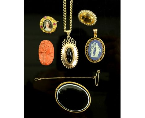 Oval citrine and seed pearl cluster brooch, Wedgwood pendant and banded agate brooch all mounts stamped for 9 ct gold, oval c