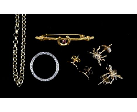 Mixed group of gold jewellery, including a ruby and paste set eternity ring, ring size M, belcher link chain with bolt ring c