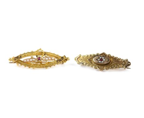 Three brooches, one late Victorian seed pearl and ruby set, mounted in 15 ct another circular mounted with pearl and black en