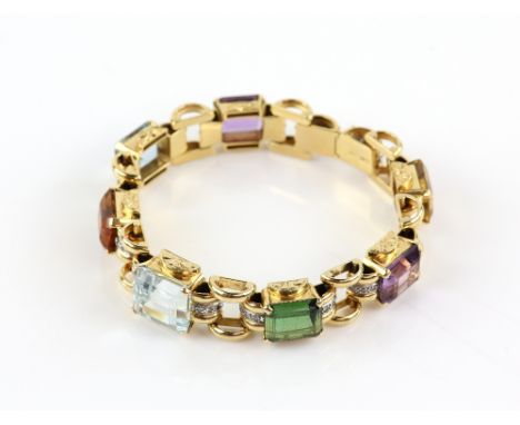 Vintage multi gem and diamond set bracelet, set with rectangular step cut aquamarine, tourmaline, amethyst, citrine and diamo