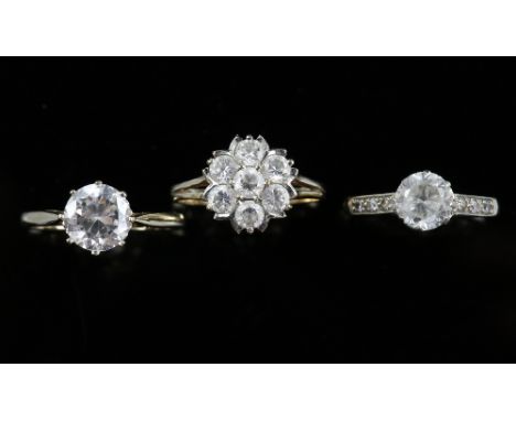 1930's white zircon ring, central round cut zircon, estimate weight 1.85 carats, with two cubic zirconia set rings, one singl
