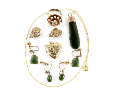 Engraved heart locket and pair of heart shaped earrings with leaf decoration both stamped 9 ct gold, nephrite pendant with 9 