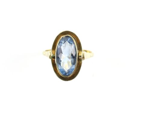 Vintage synthetic blue spinel dress ring, oval fancy cut spinel rub over set, mount stamped 14 ct, ring size Q 1/214 ct gross