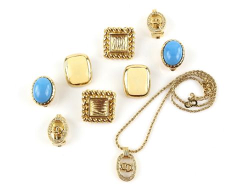 Christian Dior pendant and earring suite of the letters 'CD' within an open white paste set panel, Christian Dior oval caboch