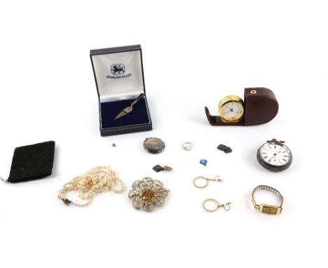 Group of items, including vintage silver locket with engraving, 4.5 x 3.3cm, ladies wristwatch, mechanical movement, 9 ct gol
