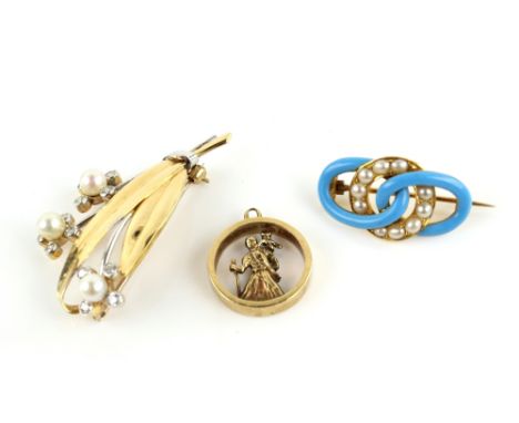 Vintage diamond and pearl floral brooch, 4.6 x 2.5cm, pin and roll catch fitting, with a blue enamel and pearl looped brooch,