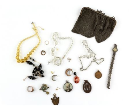 Collection of costume jewellery, single gold earring in 9 ct, paste set ring also in 9 ct but with a base metal shank section