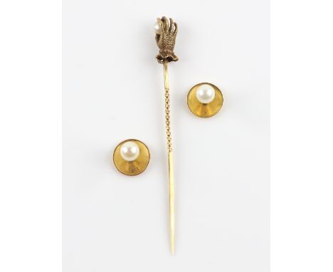 Victorian stick pin, in the form of a pearl held by a ladies hand, with two pearl set shirt studs, both in 15 ct, enamel worl