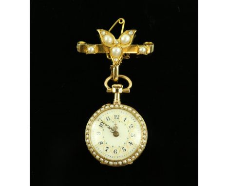 LeCoultre &amp; Co ladies fob watch, white enamel dial with Arabic numerals minute track and gilt decorations, surrounded by 