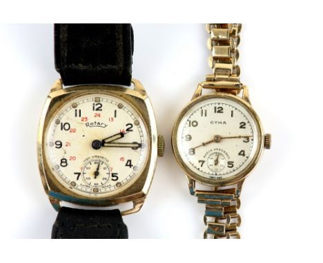 Two gold watches, Rotary, Cream dial with Arabic numerals, subsidiary dial and minute track, 15 jewel signed mechanical movem
