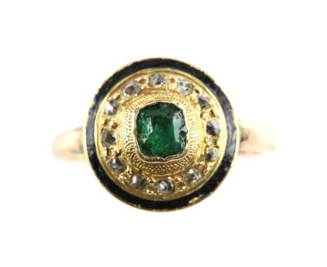 Emerald dress ring, central step cut emerald, set with in a border of rose cut diamonds and a band of black enamel, mount tes