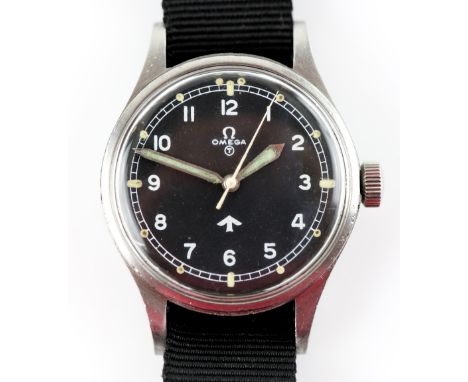 Omega 1953 RAF Fat Arrow Pilots wristwatch, the stainless steel case with signed black dial, Arabic numerals, railway minute 