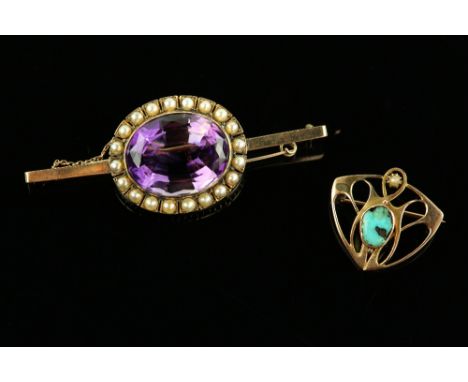 Two brooches, one set with amethyst and seed pearls, central oval cut amethyst estimated weight 33 carats, with a pin and cat