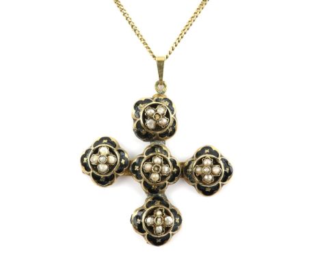 Antique cross pendant, seed pearl set in a quatrefoil motif pattern with black enamel frames, mount testing as 14 ct, 4.5 x 3