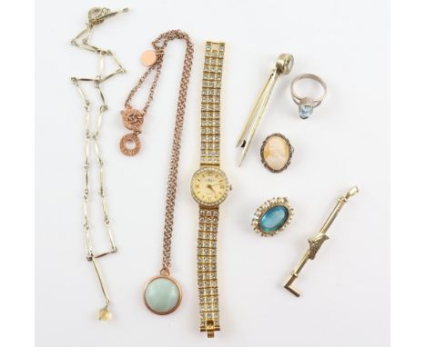 A group of costume jewellery, including a marquise cut blue topaz ring, set in silver, ring size Q, Tateossian London silver 