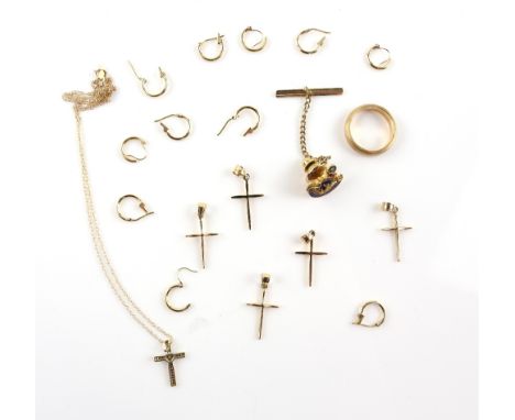 A group of gold items including a diamond set Knights of Columbus enamel tie pin, stamped 10 ct, brushed gold band, ring size
