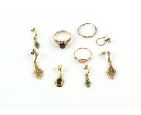 Pair of paste set drop earrings and single paste set earring testing as 18 ct, pair of drop earrings set with round cut emera