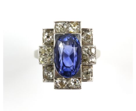 1930's sapphire and old cut diamond ring, central oval cut sapphire estimated weight 6.30 carats, surrounded by old cut diamo