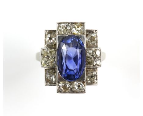 1930's sapphire and old cut diamond ring, central oval cut sapphire estimated weight 6.30 carats, surrounded by old cut diamo