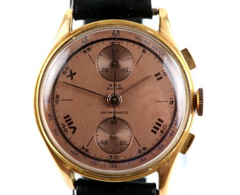 BWC gentleman’s chronograph&nbsp;wristwatch&nbsp;in a gold plated/nickel case, the copper dial signed BWC Suisse&nbsp;and mar