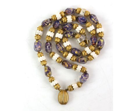 Collection of costume jewellery including double row Alice Caviness necklace with gilt and white decoration, quartz necklaces