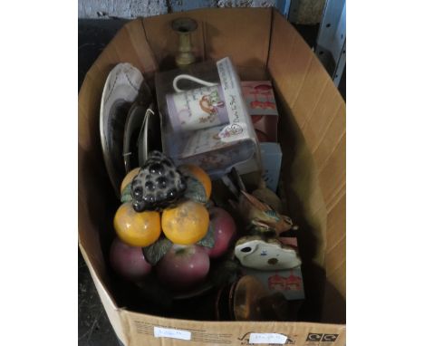 CERAMIC FRUIT BOWL, BRASS CANDLESTICK &amp; OTHER ITEMS 