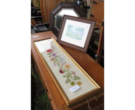 PRINT OF STONEHENGE, HEXAGONAL MIRROR &amp; NEEDLEWORK PICTURE OF FLOWERS