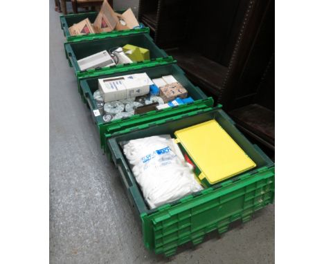 4 CRATES OF ASSORTED CLEANING ITEMS, SLIDE PROJECTOR, BOXES OF TINNED LUBRICANT &amp; PLASTIC STORAGE BOXES