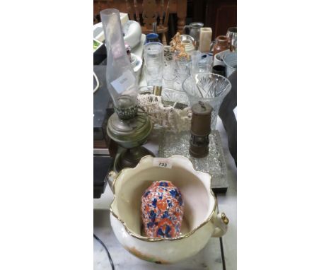 BRASS OIL LAMP, GLASSWARE &amp; OLD MINERS LAMP