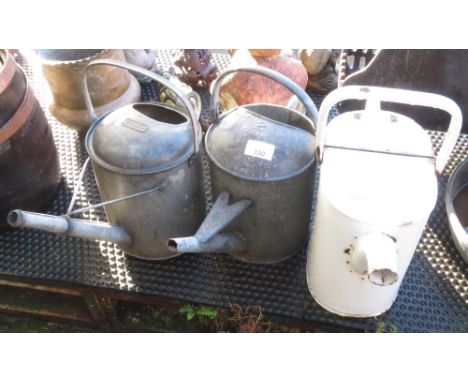 1 ENAMEL WATERING CAN &amp; 2 GALVANISED WATERING CANS