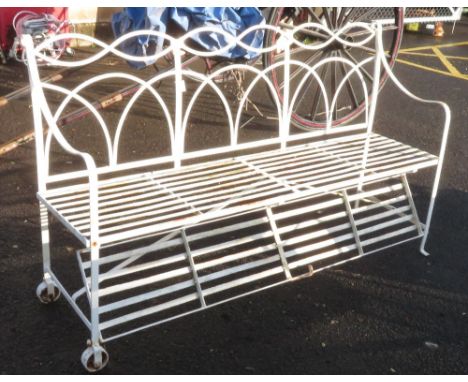 LARGE WHITE METAL GARDEN BENCH WITH DROP DOWN FOOTREST