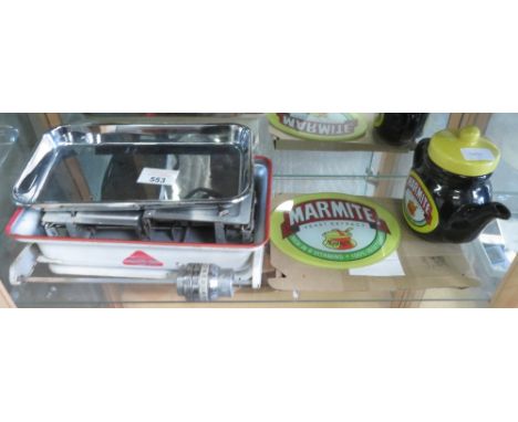 ANTIQUE CEILING OIL LAMP, MARMITE TEAPOT, STAND &amp; SCALES