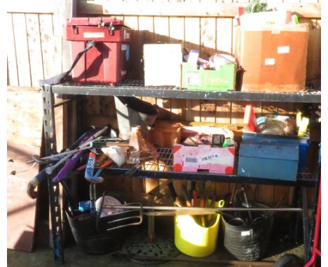 3 SHELVES OF ITEMS INCLUDING HOPPER, GARDENING EQUIPMENT, SPORTS EQUIPMENT, DEMI JOHN, PARASOL BASE, FISHING BOX