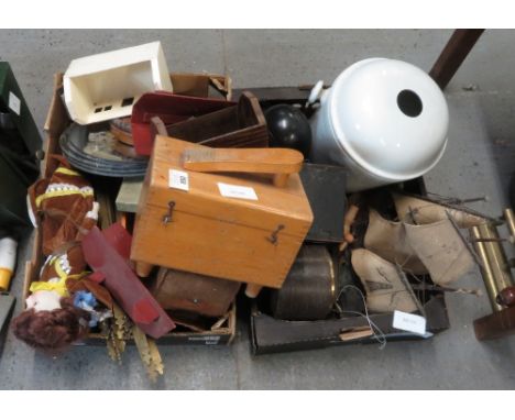 2 BOXES OF ASSORTED COLLECTABLES INCLUDING CAMERAS, CLOCK, OLD SHIPS TABLE LAMP, MIRROR, DOLL, BOXED SHOE SHINE STAND ETC