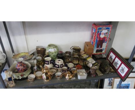 SHELF OF MAINLY CHINA, COFFEE SERVICE, BRASSWARE, BEER TANKARDS ETC