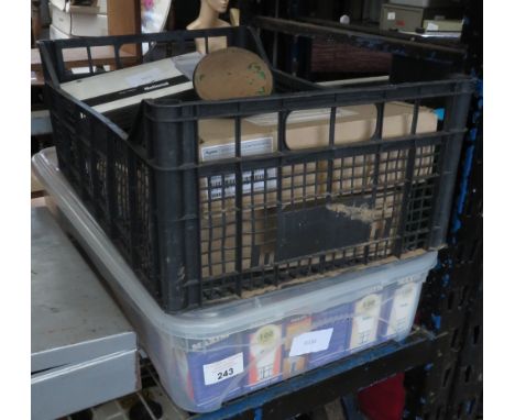 PLASTIC BOX OF LIGHT BULBS, CRATE CONTAINING 2 BOXED DYSON CLEANER HEADS, CANDLESTICK, LIGHT BULBS ETC