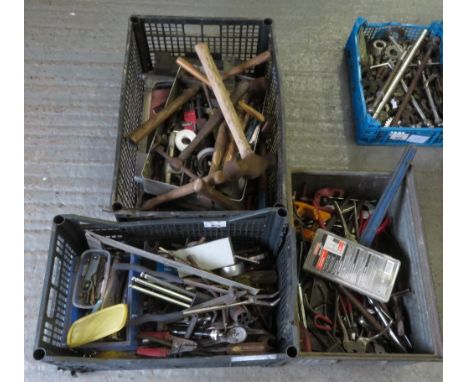 3 PLASTIC CRATES OF ASSORTED TOOLS, HAMMERS, DRILLS ETC