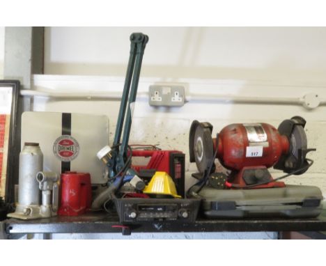 SHELF OF ASSORTED TOOLS INCLUDING JACKS, BOXED DREMEL, RADIO, BENCH GRINDER ETC