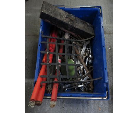 BLUE TUB OF WELDING RODS, METAL TIN OF WHEELBEARING PULLING EQUIPMENT, TRAY OF HEAVY DUTY HACKSAW BLADES, RED TOOL BOX &amp; 
