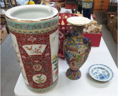DECORATIVE CHINESE STICK STAND, VASE &amp; 2 CHINESE EXPORT DISHES