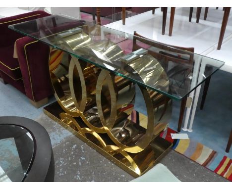 CONSOLE TABLE, 50cm D x 78cm H x 150cm W, glass top polished metal base. 