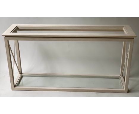 CONSOLE TABLE, 137cm x 38cm D x 70cm H, grey painted, with X sides, glass top and undertier. 